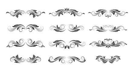 A diverse collection of elegant decorative dividers and ornate vintage scrollwork flourishes, perfect for calligraphic and classic design.