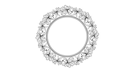 Elegant hand-drawn black and white circular floral wreath illustration, featuring delicate flowers, leaves, and intricate dotted details for decorative designs.