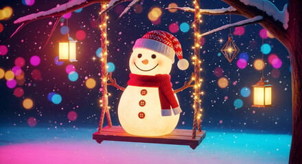 Happy Glowing Snowman on a Swing in a Magical Winter Night Scene, adorned with Festive Christmas Lights and a Colorful Bokeh Background with Falling Snow.