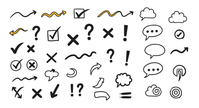 A large collection of hand-drawn doodle elements including arrows checkmarks speech bubbles and punctuation on white background.