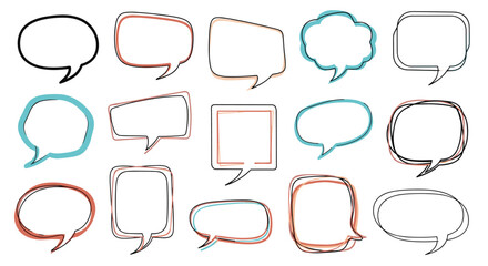 A collection of hand-drawn speech and thought bubbles with various shapes and colored outlines, perfect for communication and design.