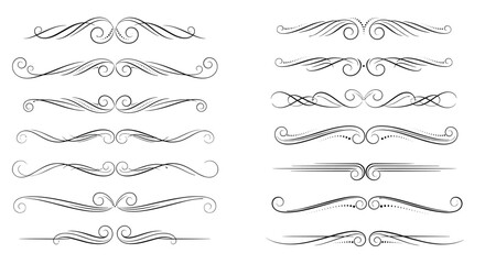 Elegant and ornate decorative dividers collection with various calligraphic scrolls, swashes, and flourishes for vintage design elements.