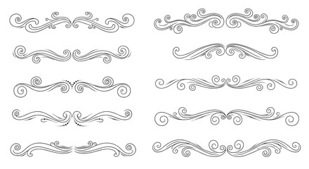 A collection of intricate hand-drawn swirl and scroll page dividers with decorative border elements and vintage flourish patterns.