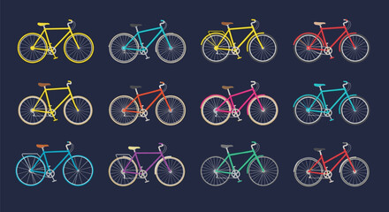 A vibrant grid of stylized flat design bicycles in various colors and models, providing a minimalist illustration for cycling, city life, and transport.