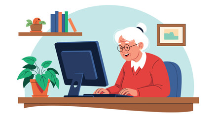 Happy senior woman learning or working on a computer at home, surrounded by plants and books, embracing digital literacy.