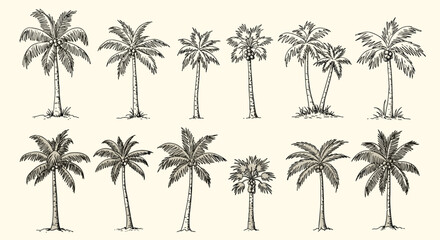 Hand-drawn collection of tropical palm trees in various styles, perfect for vintage-themed designs and summer illustrations.