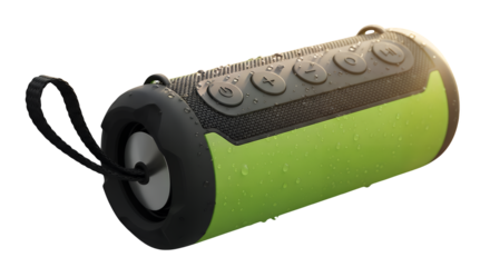 A vibrant green and black portable waterproof bluetooth audio speaker with control buttons and a convenient carrying strap, isolated on transparent background