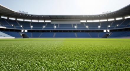 Pristine Green Grass Field in Empty Modern Sports Stadium, Bright Day