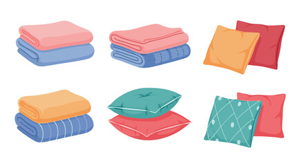 A collection of soft, comfortable home textiles featuring neatly folded blankets and plush pillows in various colors and patterns.