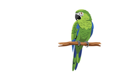 A vibrant green parrot with blue accents perches peacefully on a wooden branch, its gaze directed to the left.