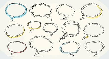 An abstract collection of polygonal speech and thought bubbles, outlined in black with subtle pastel color washes, on a light background.