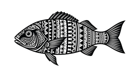 Detailed black and white illustration of a fish decorated with intricate tribal patterns, perfect for cultural and aquatic themes.