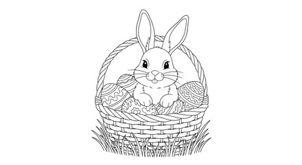 A cute Easter bunny peeks out from a wicker basket filled with beautifully decorated eggs, perfect for a festive coloring page activity.