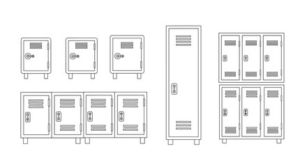 A set of simple outline illustrations depicting various metal locker designs, including individual, stacked, and multi-compartment units for storage.
