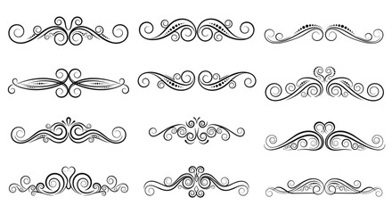 A diverse set of elegant black and white decorative scrollwork, filigree, and calligraphic flourishes, perfect for design accents and dividers.