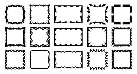 Collection of diverse black and white abstract frames with various decorative border designs, including jagged, spiky, and ornate styles for graphic use.
