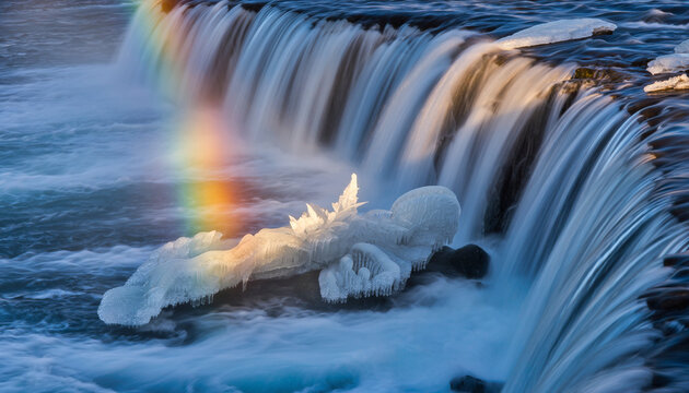 Stunning waterfall with rainbow and ice formations