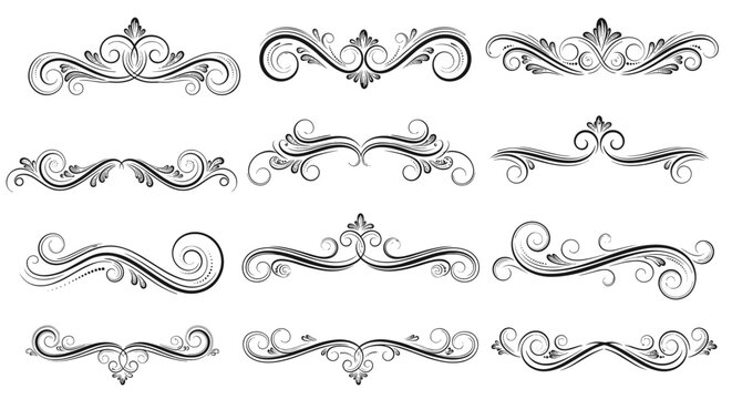 A collection of elegant vintage scroll and flourish decorative page dividers and design elements in black and white for various applications.