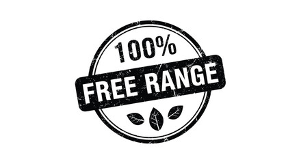 A black grunge-style rubber stamp icon that certifies a product as 100% free range with small leaf symbols inside.