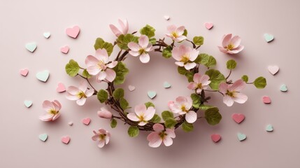 Pink Flower Garland with Green Leaves Surrounded by Pastel Heart Confetti on Light Pink Background