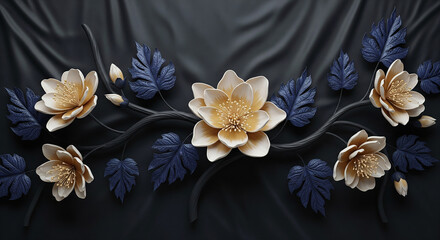 Elegant 3D Floral Relief Art with Cream Blossoms, Blue Leaves and Gold Accents, 3D Floral Wallpaper, 3D Wall Mural, 3D Floral Background.