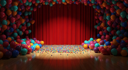 Empty stage with vibrant red curtains, illuminated by a spotlight, adorned with a multitude of colorful balloons and tiny balls, perfect for a festive party, celebration, or show.