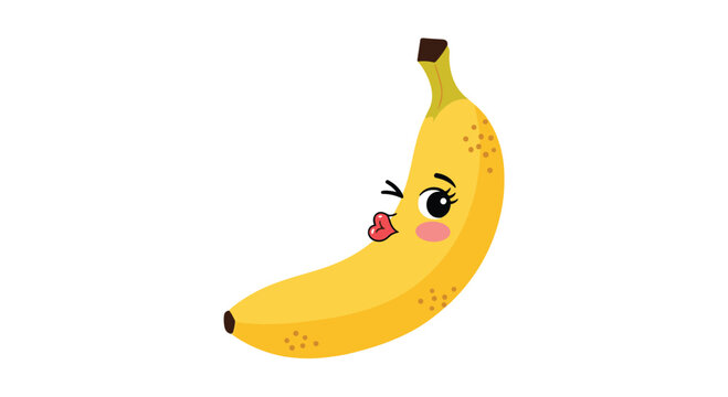 A cute and funny cartoon banana character with a winking eye and puckered lips blowing a kiss on a white background.