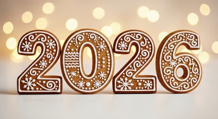 Gingerbread cookies shaped as the numbers 2026, decorated with white icing and festive patterns, set against a soft bokeh background, symbolizing New Year celebrations