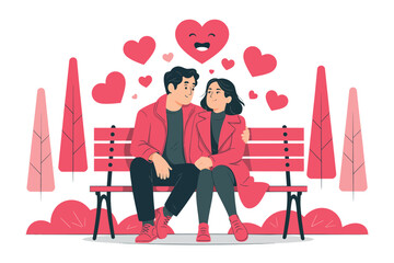 A couple sits on a bench surrounded by hearts, celebrating love and romance on Valentine's Day.