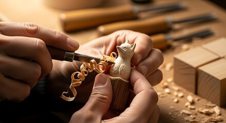 Artisan crafts small wood sculpture of fox with carving knife closeup