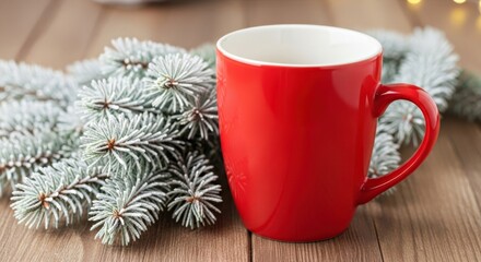 Red ceramic mug placed beside fresh evergreen branches on a wooden table, creating a cozy atmosphere perfect for winter holidays and festive gatherings with copy space