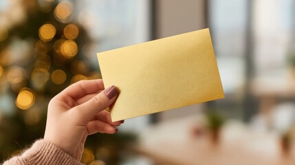 Bonus certificate held by a woman's hand with polished nails in a festive office setting