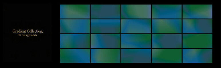 A collection of gradients, deep tones from light to dark green, abstract backgrounds. Green gradient for album covers. Calm photo collages with a green gradient.