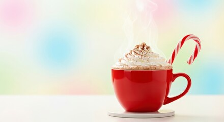 Red cup filled with hot chocolate topped with whipped cream and chocolate shavings, garnished with a candy cane, creating a festive winter beverage scene with copy space