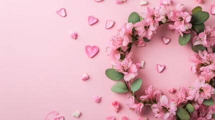 Pink Flower Wreath with Alstroemeria and Green Foliage on Soft Pink Background