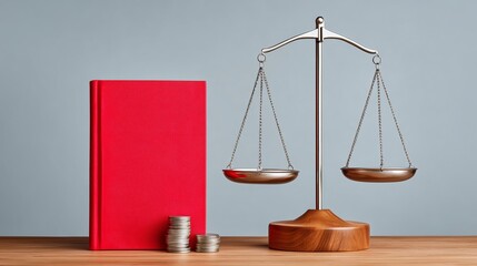 Justice scales balancing law book and money coins