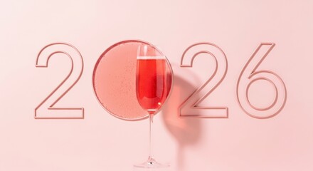 Elegant champagne glass filled with sparkling drink, set against a soft pink background featuring the year 2026, symbolizing celebration and new beginnings with copy space
