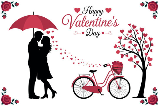 A couple embraces under an umbrella on Valentine's Day with a bicycle decorated with hearts.