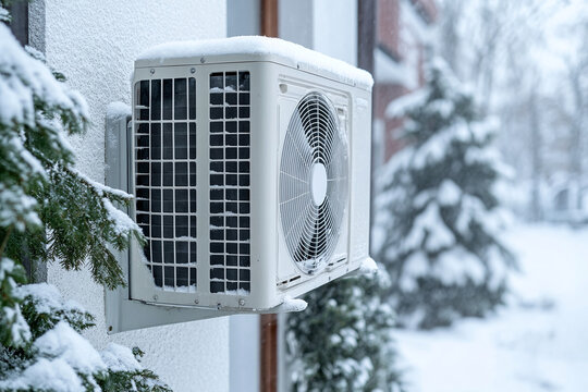 Frozen outdoor air conditioning unit during winter snowfall on a residential house wall.