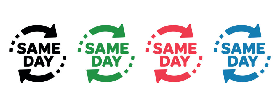 Four colored icons represent same day delivery services with circular arrows.