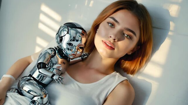 Woman gently smiling while holding a chrome humanoid baby robot