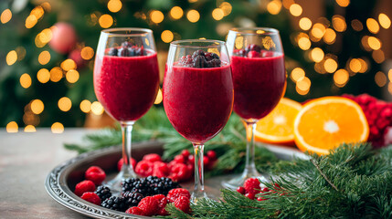 Festive berry smoothies in wine glasses with fresh raspberries and blackberries on tray, decorated with fir branches and bokeh lights