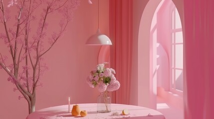 Pink Interior Room with Flower Vase and Candles in Soft Natural Light