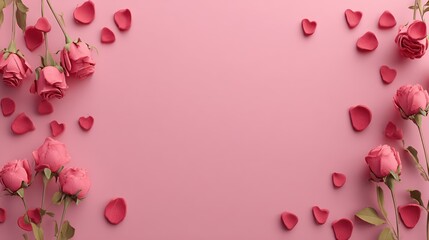 Pink Roses with Petals Scattered on Light Pink Background for Romantic or Valentine's Day Themes