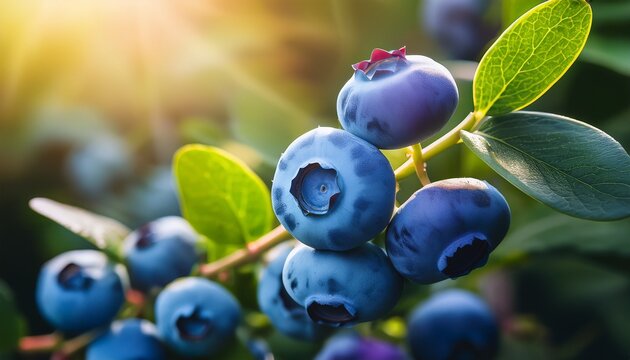 healthy fresh blueberries with natural sunlight highlighting their color and texture on the plant