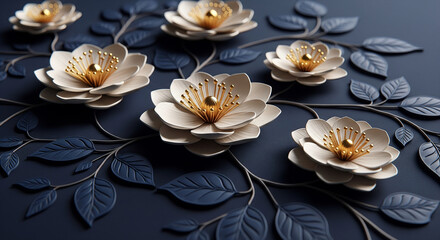 Elegant 3D Floral Relief Art with Cream Blossoms, Blue Leaves and Gold Accents, 3D Floral Wallpaper, 3D Wall Mural, 3D Floral Background.