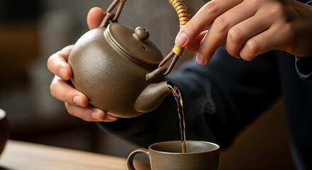 Ceramic Teapot Flowing Infusion into Matching Cup with Rising Steam