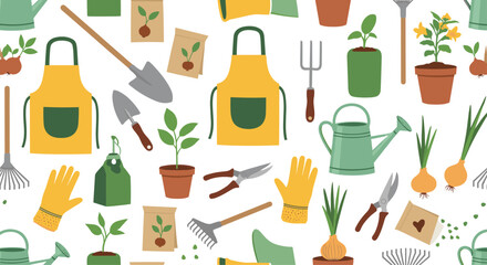 A seamless pattern background of various colorful gardening tools and equipment like aprons gloves shovels and potted plants.