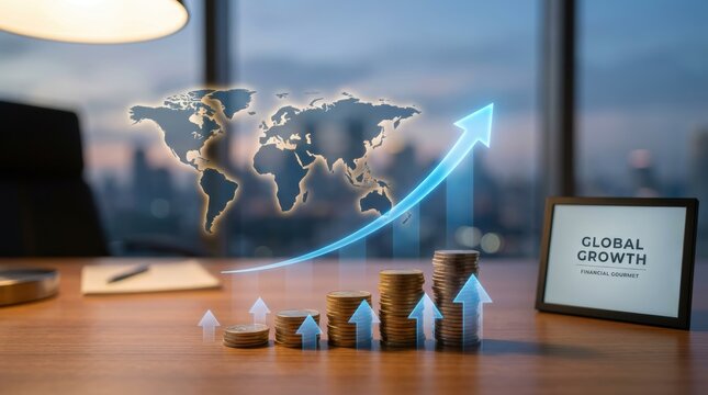 Global economic growth is symbolized by upward trend financial charts and stacks of coins indicating investment and positive market trends