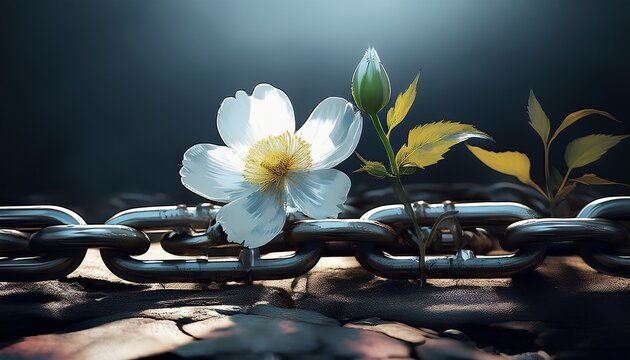 a delicate flower emerges from broken chains symbolizing resilience and freedom the contrast of nature and metal evokes a powerful message of hope